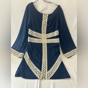 Judith March Size Large Navy Blue With Embroidered Crochet Cream Color Design